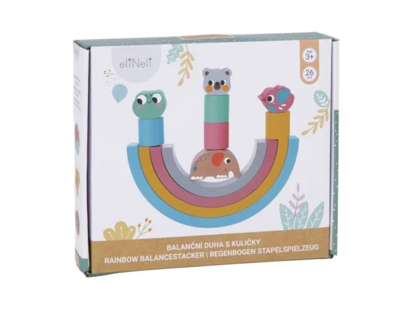Egymásba illeszthető egyensúlyozó szivárvány állatokkal és golyókkal