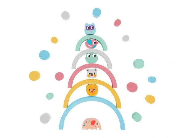 Egymásba illeszthető egyensúlyozó szivárvány állatokkal és golyókkal