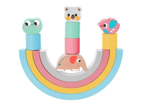 Egymásba illeszthető egyensúlyozó szivárvány állatokkal és golyókkal