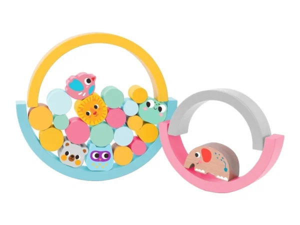 Egymásba illeszthető egyensúlyozó szivárvány állatokkal és golyókkal