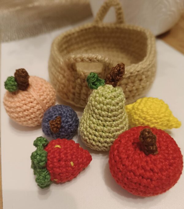 Amigurumi,Gyümölcsös kosár, 6 db gyümölccsel