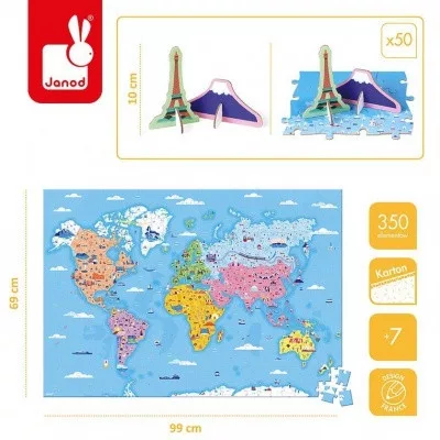 Janod- A világ látványosságai,oktató puzzle, 3D-s kiegészítőkkel